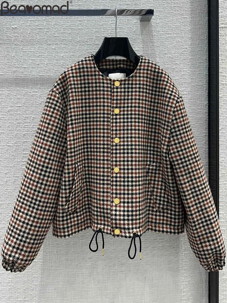 Baeromad 여성용 라운드넥 루즈한 랜턴 긴팔 재킷, 런웨이 패션 가을, 천조 격자 패턴 캐주얼 재킷