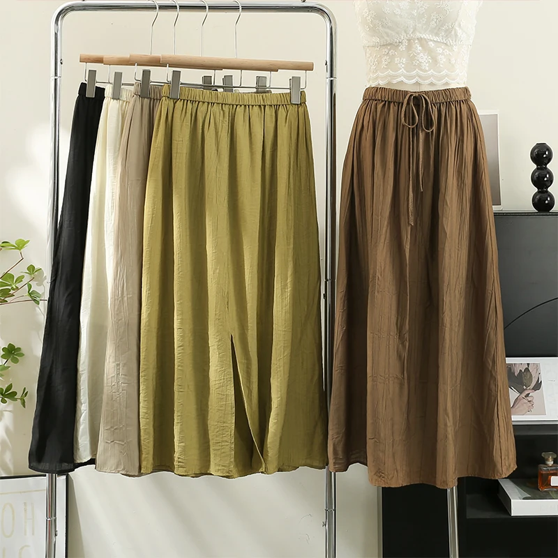 

Brown Korean Vintage Cotton And Linen Pleated Skirt Women 2023 Long Casual High Waist All Match A-Line Skirt Female Slim Skirt