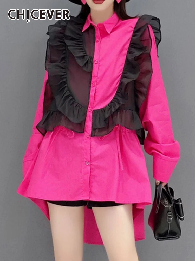 

CHICEVER Patchwork Mesh Blouses For Women Lapel Long Sleeve Single Breasted Irregular Hem Casual Colorblock Shirts Female New