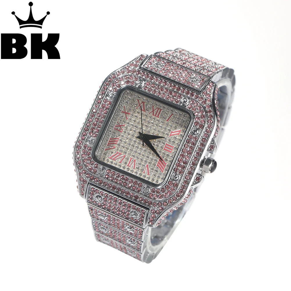 

Pink Austrian Rhinestone Square Quartz Watch For Women Men Full Iced Out Blue Rhinestones Pave 3.5cm Dial Luxury Hiphop Jewelry