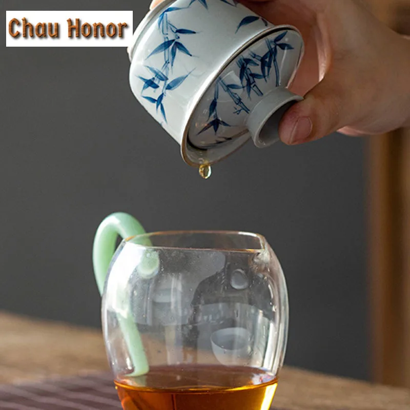 85ml White Porcelain Tea Tureen Hand Painted Bamboo Ceramic Gaiwan Tea Maker Tracing Silver Covered Bowl Kung Fu Tea Set Crafts