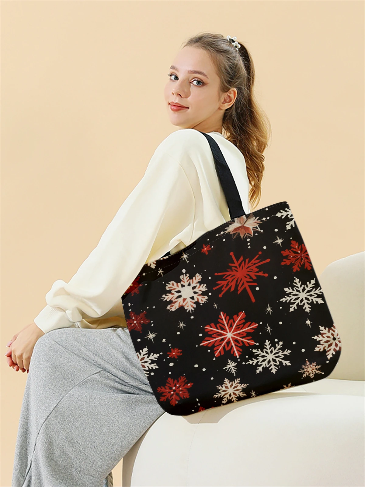 1pc,Christmas snowflake handbag, reusable fashionable handbag, multifunctional handbag, printed canvas shopping bag