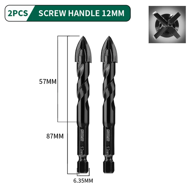 GREENER 3-12mm Four-blade Concrete Impact Glass Drill Cross Hex Tile Drilling Bit Special For Hexagonal Shank Hard Alloy Tri 12mm 2pcs