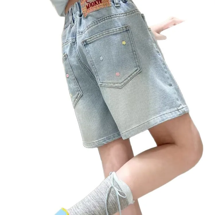 2026 여름 어린이 데님 반바지 120-170cm 소녀용 자수 탄성 허리 캐주얼 무릎 길이 십대 어린이 반바지
