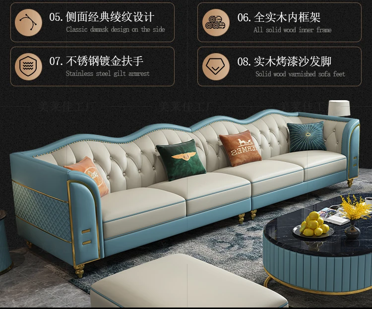 

American retro high-end sofa light luxury leather sofa living room modern simple straight row four-person combination