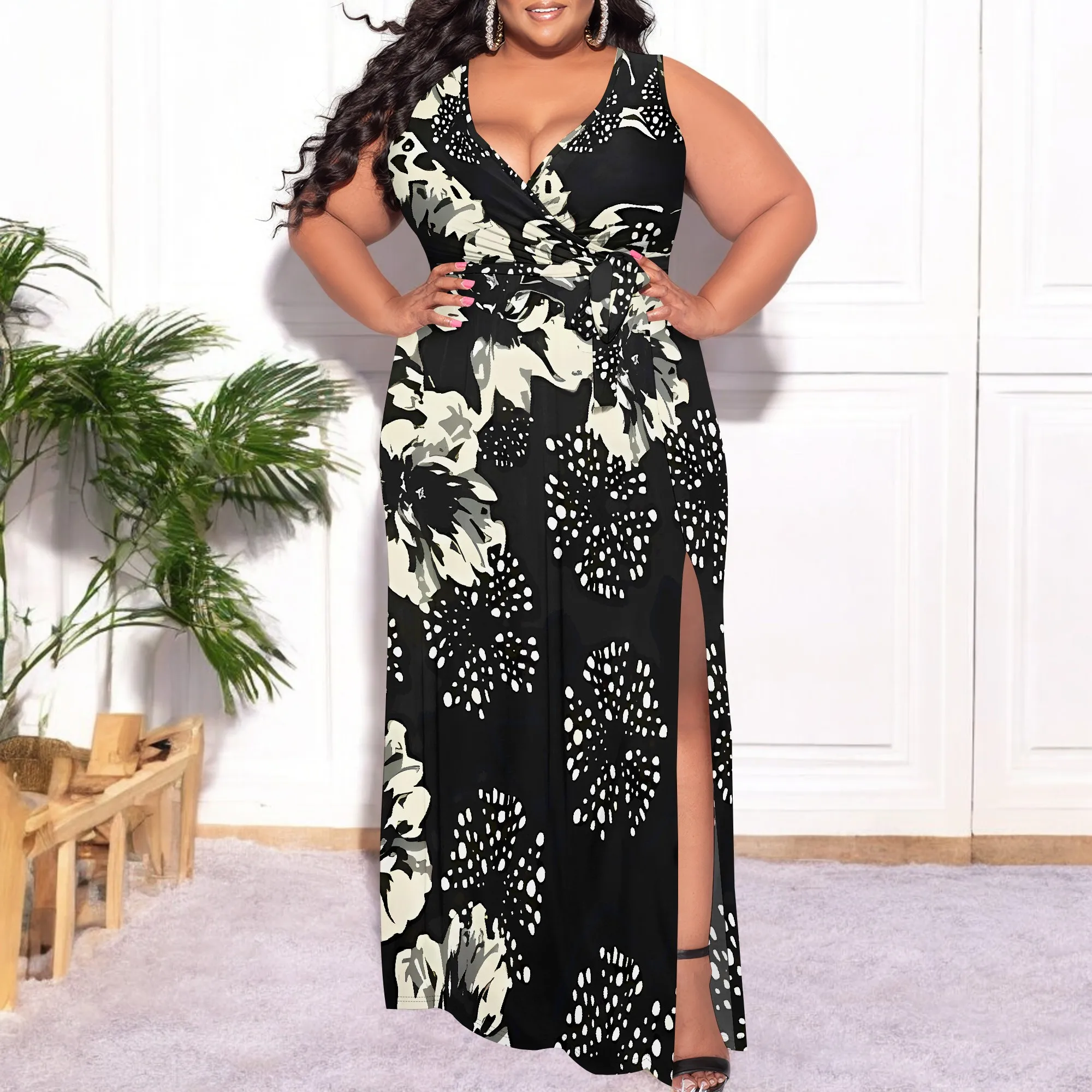 Women's Plus Size Dress Printed Long Dress Flowing Sleeveless With Belt