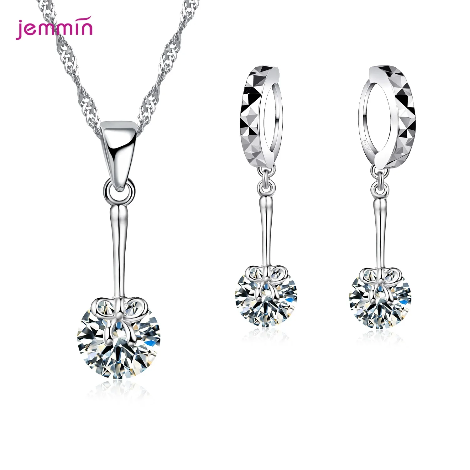 925 Sterling Silver Rainestone Pendant Necklace Earring Women Jewelry Set For European Brand