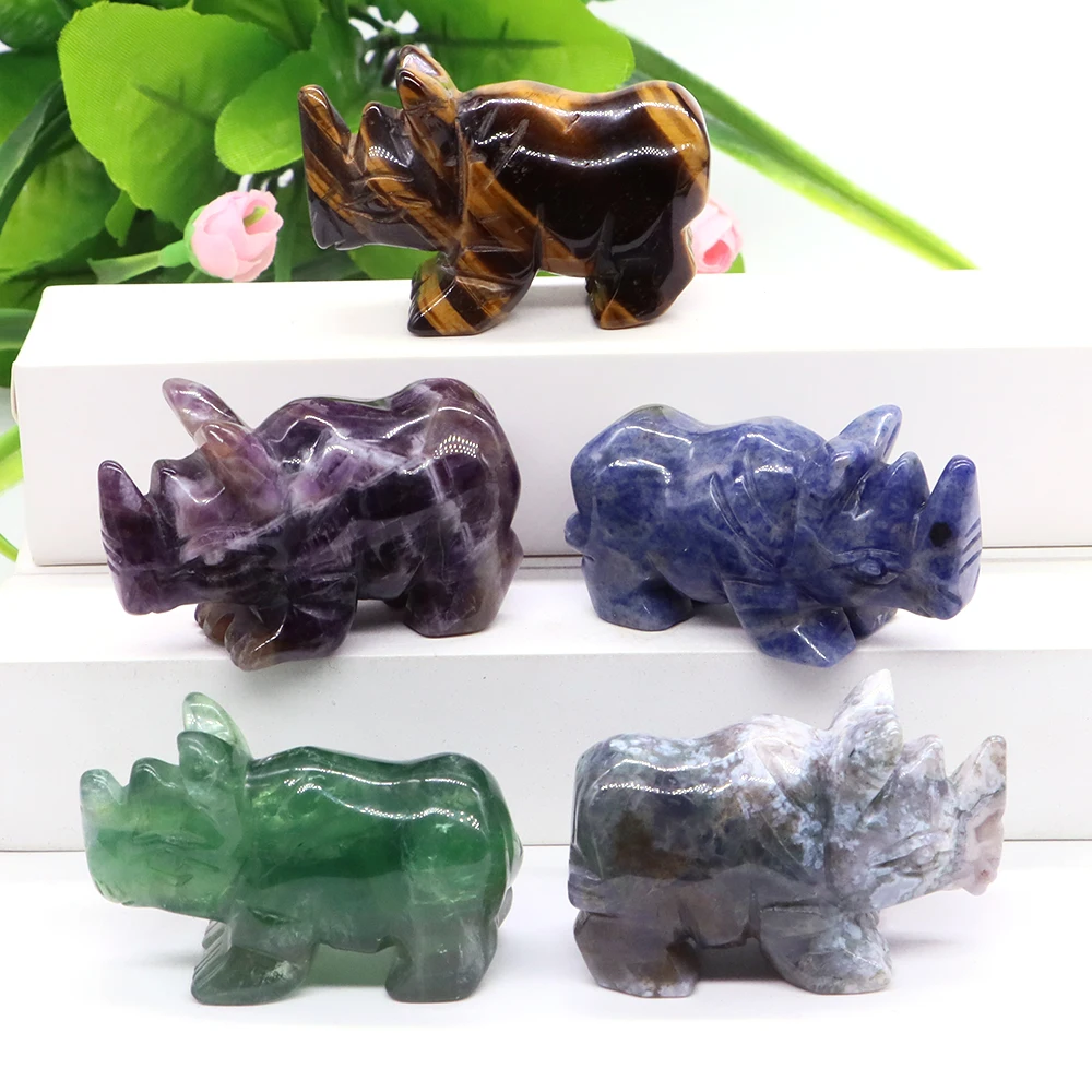 

2" Stone Carving Natural Healing Crystals Rhinoceros Figurine Sculpture Fengshui Reiki Statue Home Decoration Ornament Wholesale