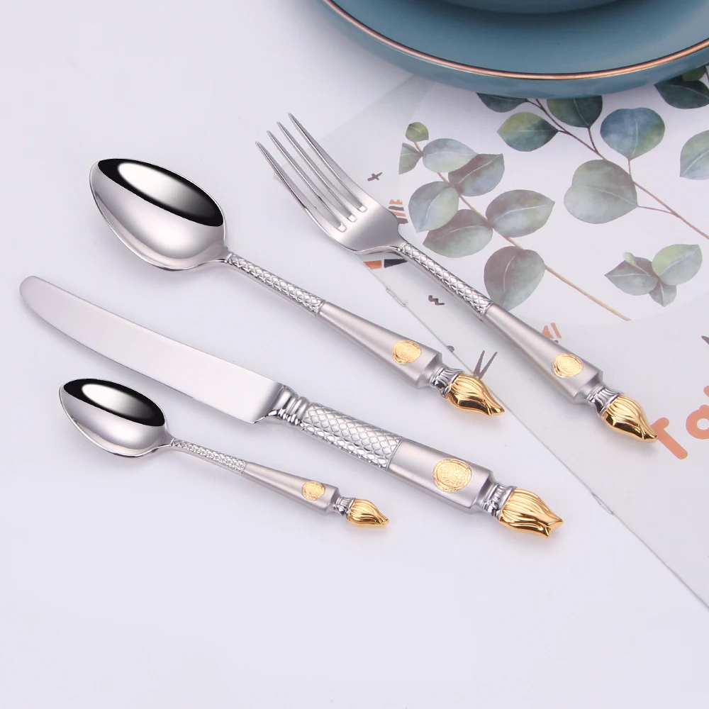 Conjunto de Talheres de Aço Inoxidável de 4 Peças, Utensílios de Cozinha de Luxo, Conjunto Vintage de Faca, Colher e Garfo, Talheres Prateados