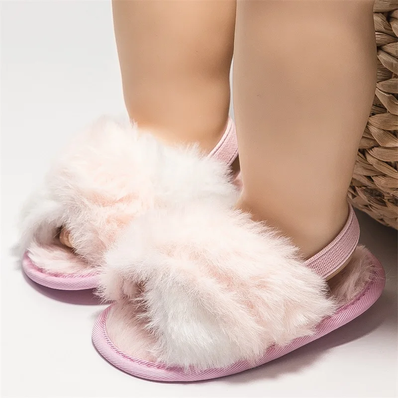 Suefunskry Baby Girls Plush Sandals Summer Cute Soft Sole Elastic Strap Flats First Walking Shoes for Toddler Newborn