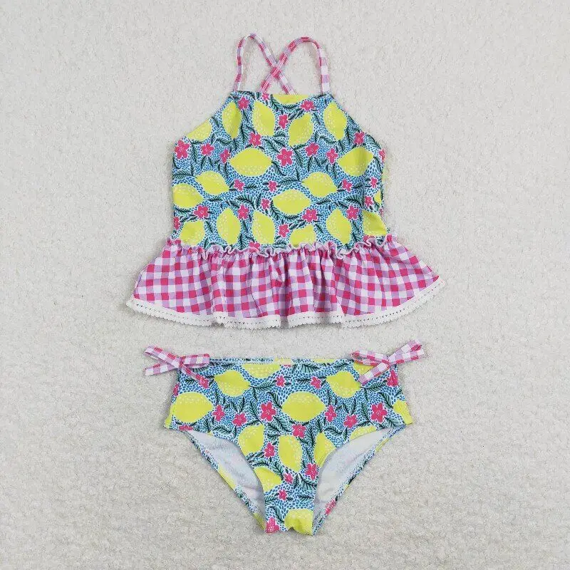 

RTS Baby Girls Lemon Flowers Pink Checkered Summer Fashion Boutique Children Toddler Two Pieces Swimsuits Bathing Suits