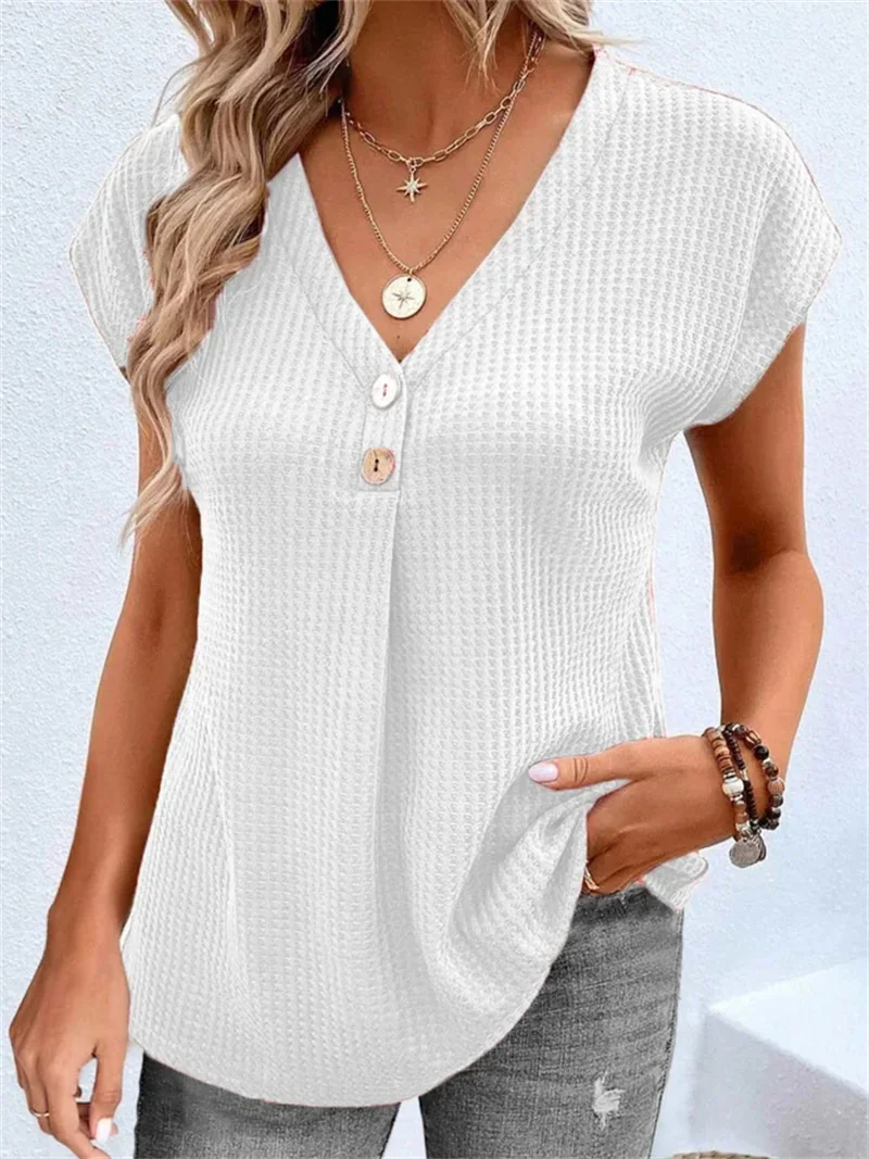 

Summer Loose Button Decoration V Neck T-Shirt Female Fashion Bat Short Sleeve Casual Tops Women's Korean Version Waffle Tees New