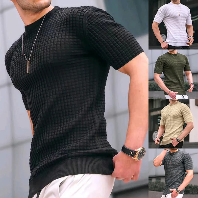 

2023 Spring/Summer Mens T Shirt Small Checkered T-shirt Round Neck Casual Trendy Top for Men
