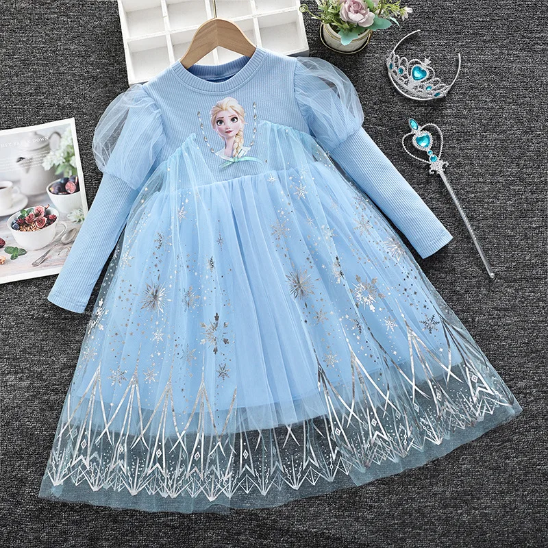 

2022 Fall Princess Elsa Dress Little Girl Frozen Long Sleeve Fashion Clothes Winter Girls Birthday Party Cute Mesh Puff Dresses