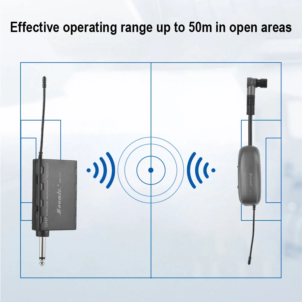 Baomic BM-12/V2 Professional UHF Wireless Instrument Microphone System Receiver & Transmitter 16 Channels for Sax Saxophone