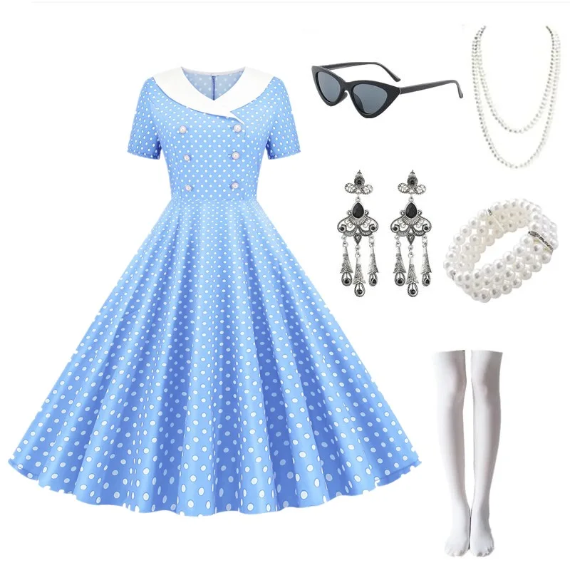 

1950S Hepburn Retro Dress Women's Summer Party Set Polka Dot Large Skirt Hem Retro Party Stage Clothing