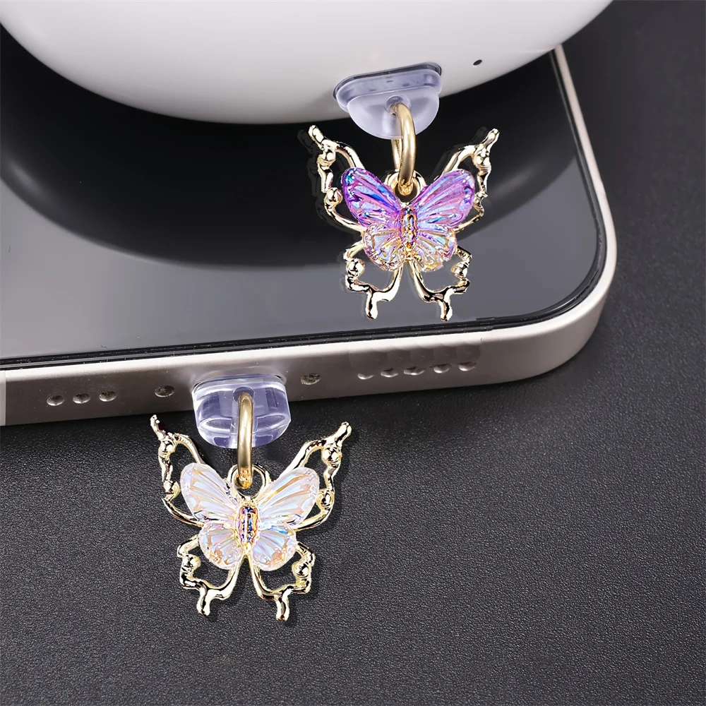 Beautiful Butterfly Phone Dust Plug Accessories Decoration Hanging Pendant for iPhone Samsung Type-C interface Charging Port