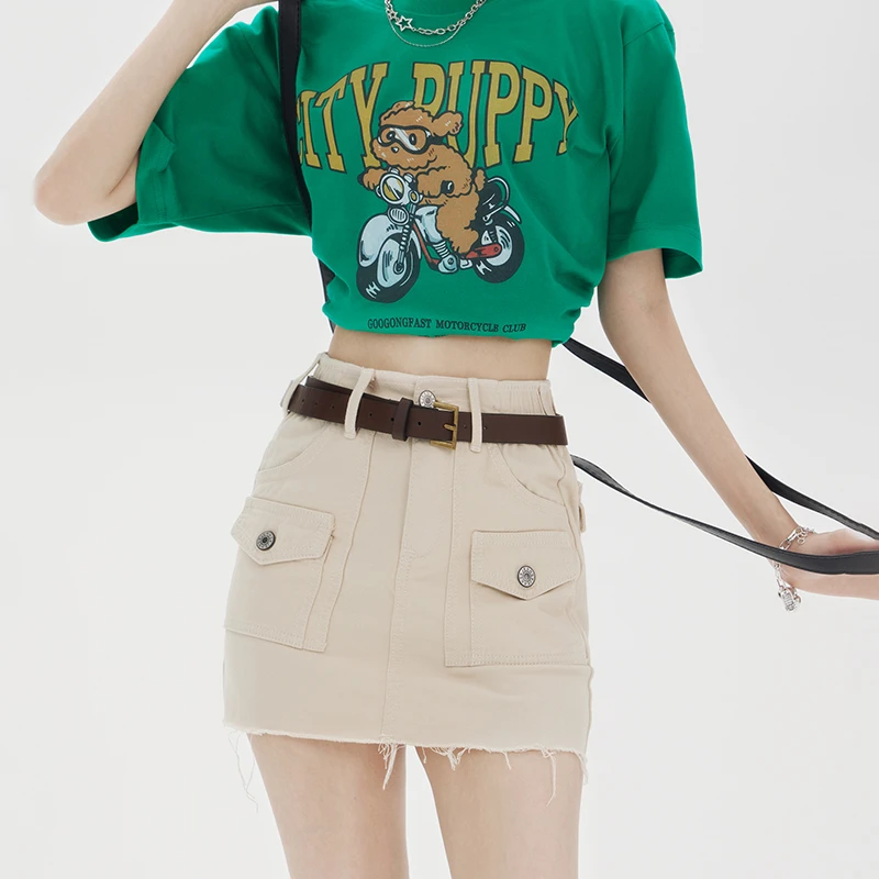 

Women's American Street Apricot Cargo Short Skirt Summer New Casual Style Young Girl High Waist A-line Mini Short Skirt