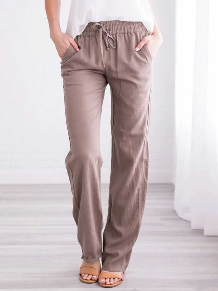 Women Cotton Linen Wide Leg Pants with Pocket for Summer
