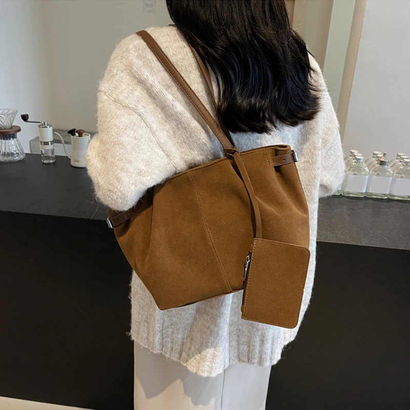Suede Shoulder Bags for Women Large Suede Totes Lightweight Underarm Bag Casual Shopper Handbag Solid Color Travel Bucket Bags
