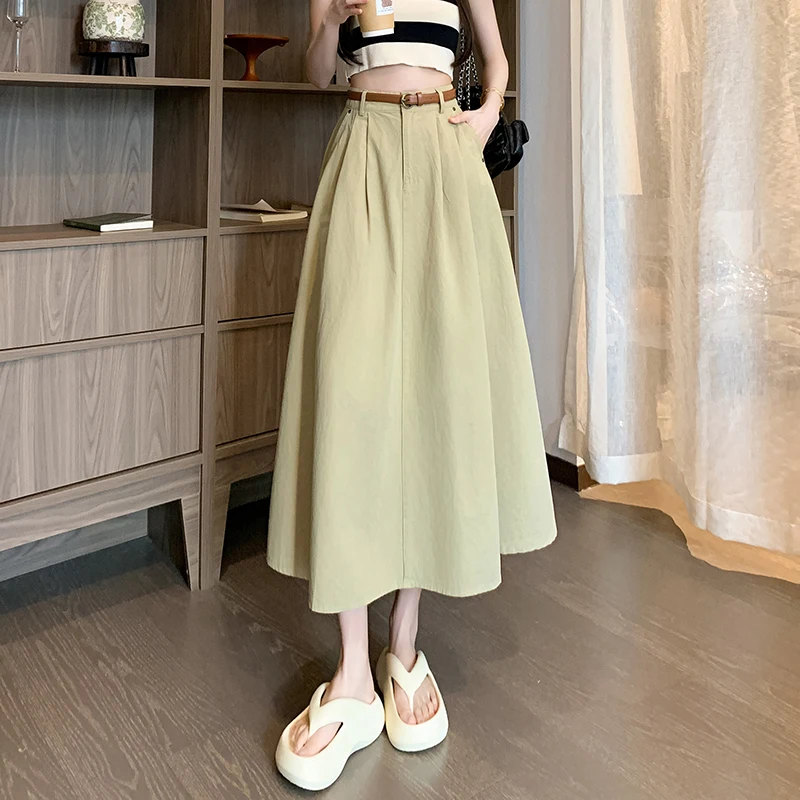 

Coigarsam Women Long Skirt Spring 2024 New Casual Solid High Waist Rivet Apricot Color Khaki Black Skirts