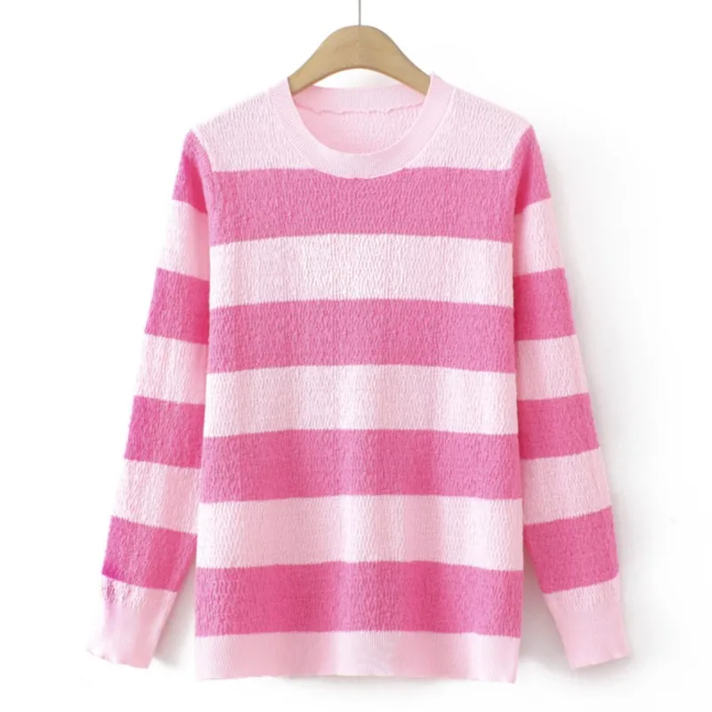 

4XL Plus Size Basic Sweater Women 2023 Spring O-Neck Stripe 3D Pattern Jumpers Long Sleeve Knit Pullover Oversized Curve Clothes
