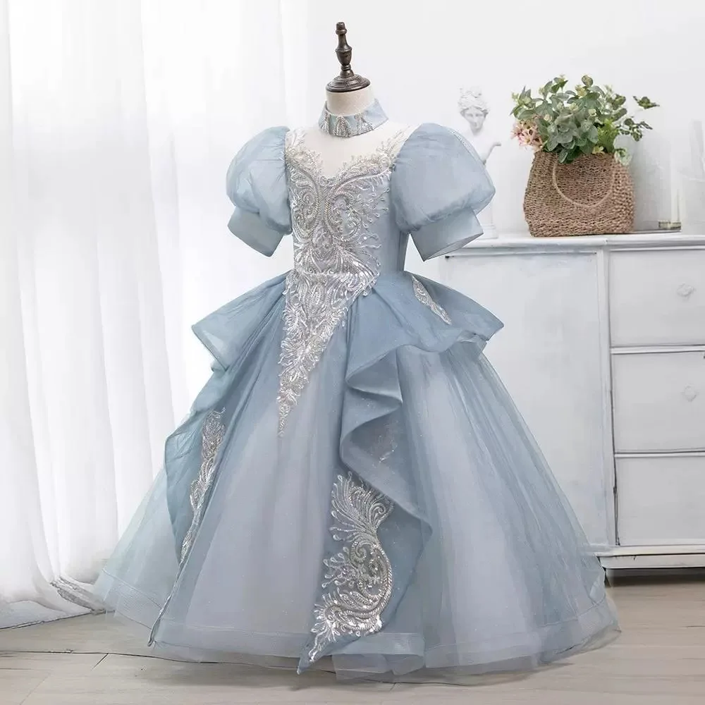 

Elegant Grey Blue Kids's Dresses High Neck Beading Short Sleeve Princess Little Girl Birthday Party Prom Dress First Communion