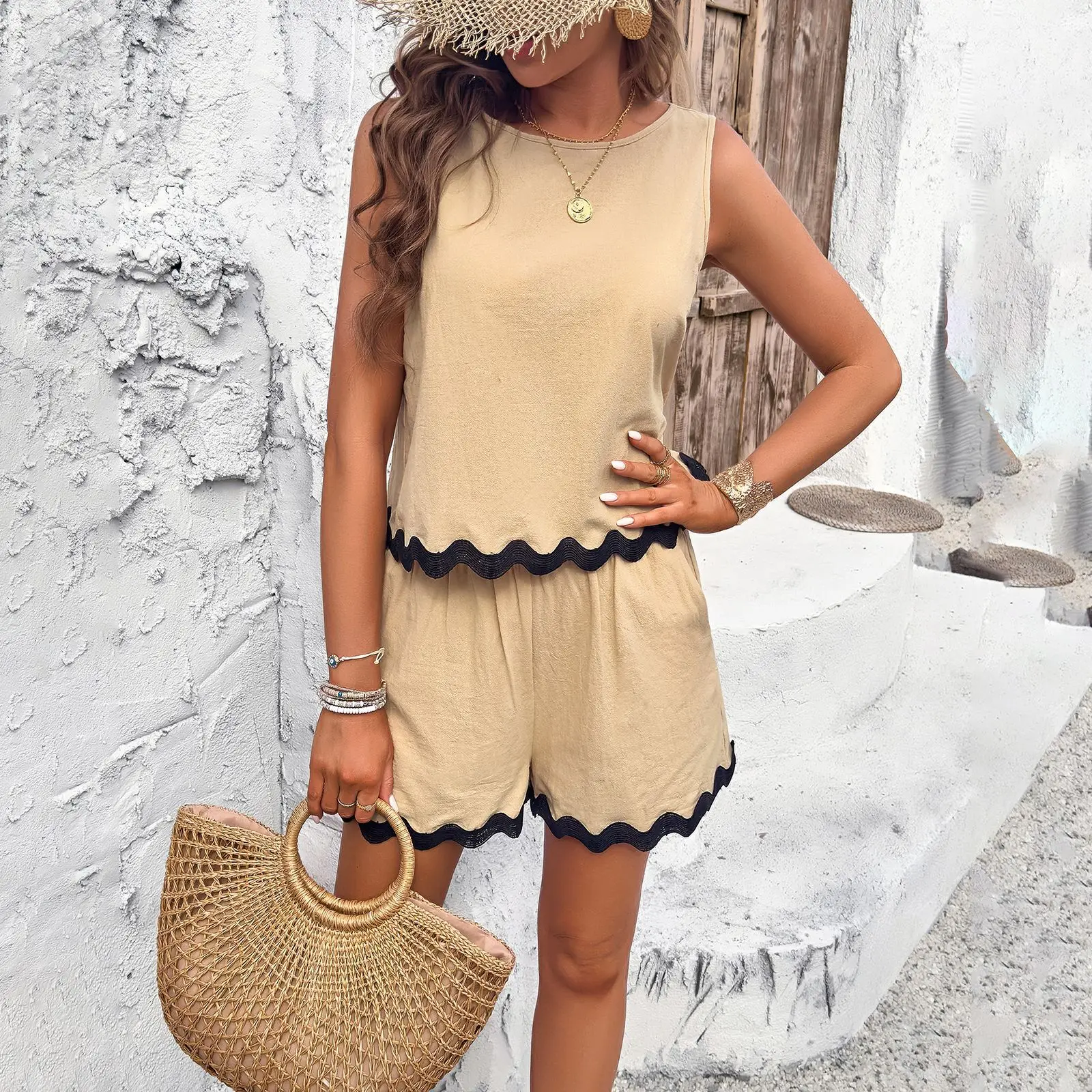 High Quality Women Clothing 2024 Summer Casual Fashion Lace Elastic Waist Shorts Sleeveless T-shirt Set High Waisted Shorts Y2k