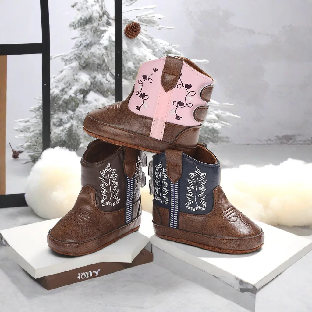 Fashionable and popular baby shoes Western denim midsole boots autumn and winter warm and anti slip casual walking shoes 0-18M 1