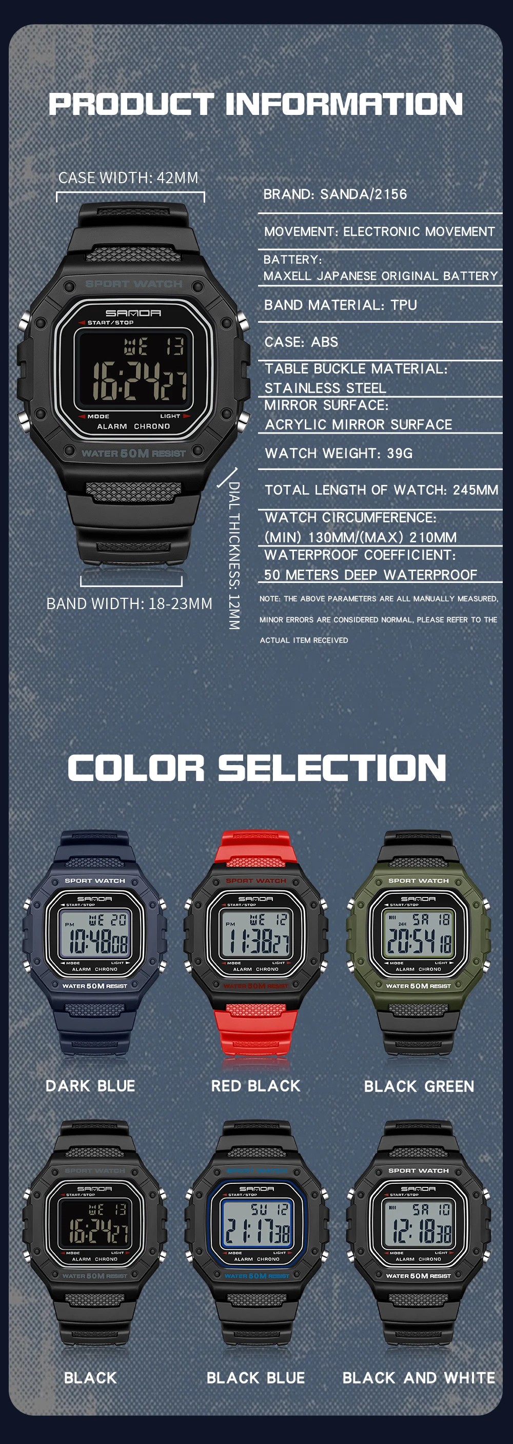 SANDA Fashion Men's Rectangular Waterproof LED Sports Watch