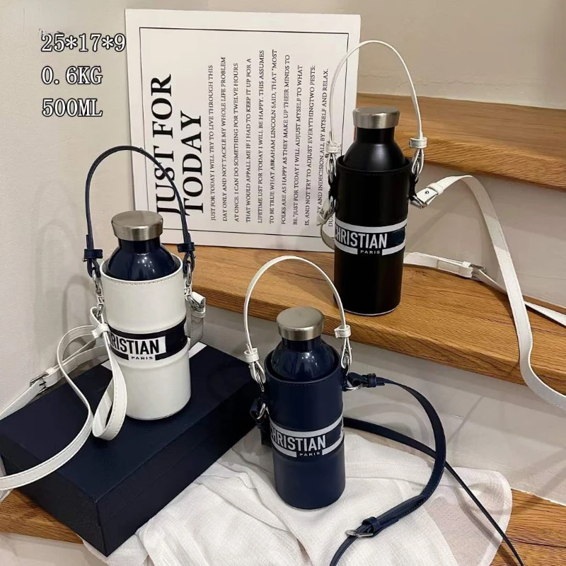 

500ML Travel Outdoor Thermos Cup Can Worn Diagonally to Prevent Shattering Portable High End Trendy White Water Bottle Home Gift