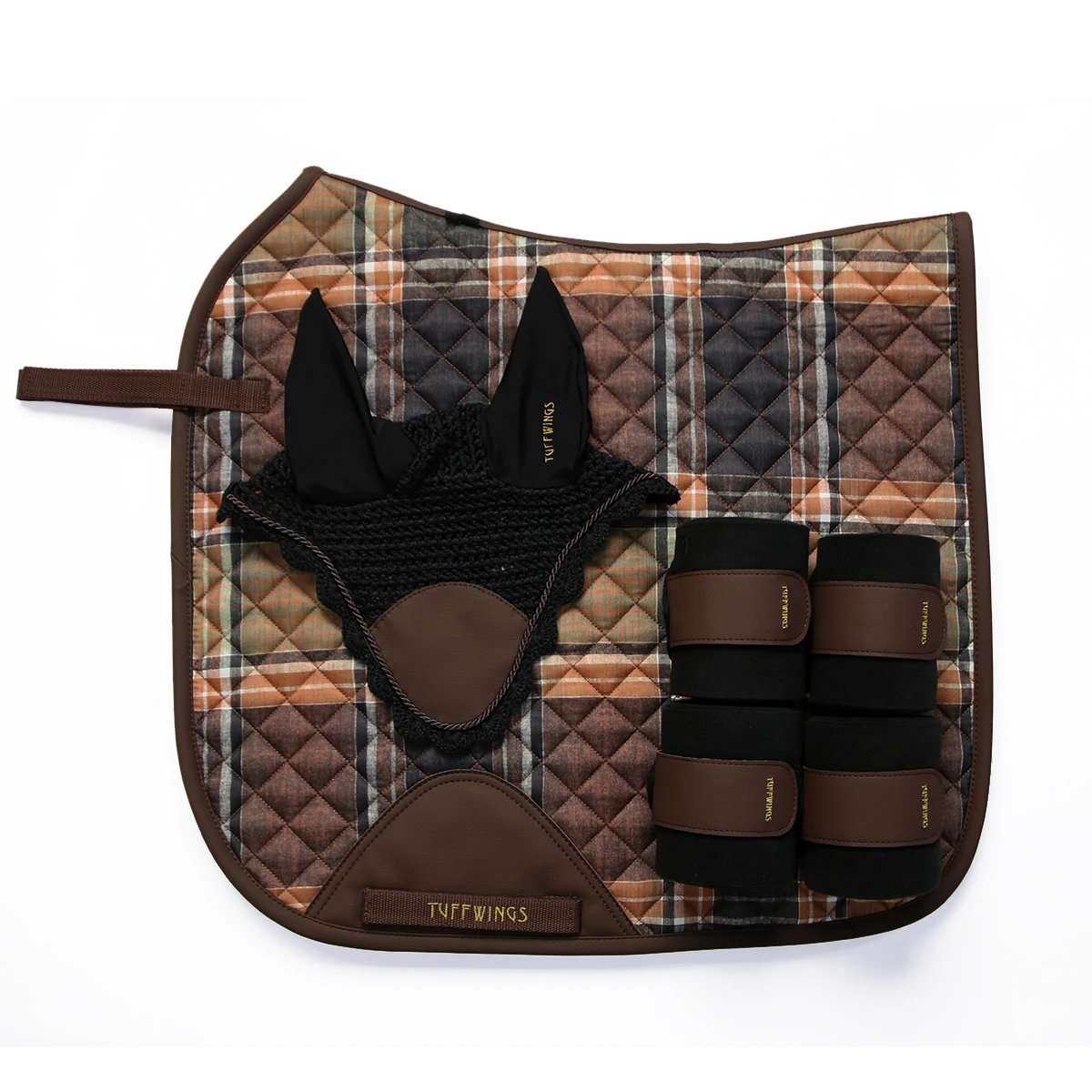 Horse Harness Black Brown Retro Plaid Equestrian Sweat Mat Horse Earmuffs Leggings