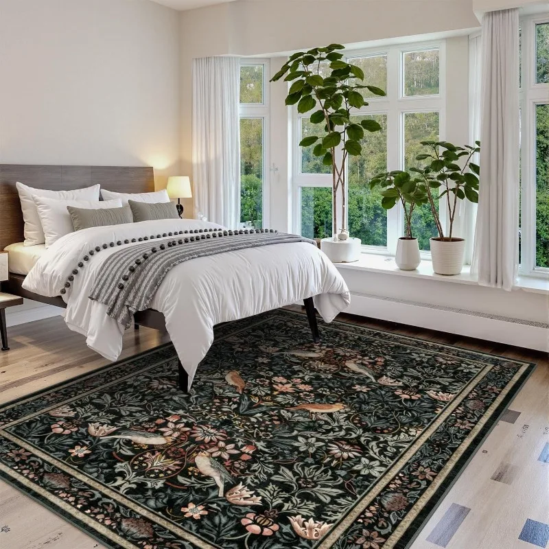 Retro Living Room Carpet Nordic Style Plant Flower Print Bedroom Rug Large Area Machine Washable Non-slip Coffee Table Mat Tapis