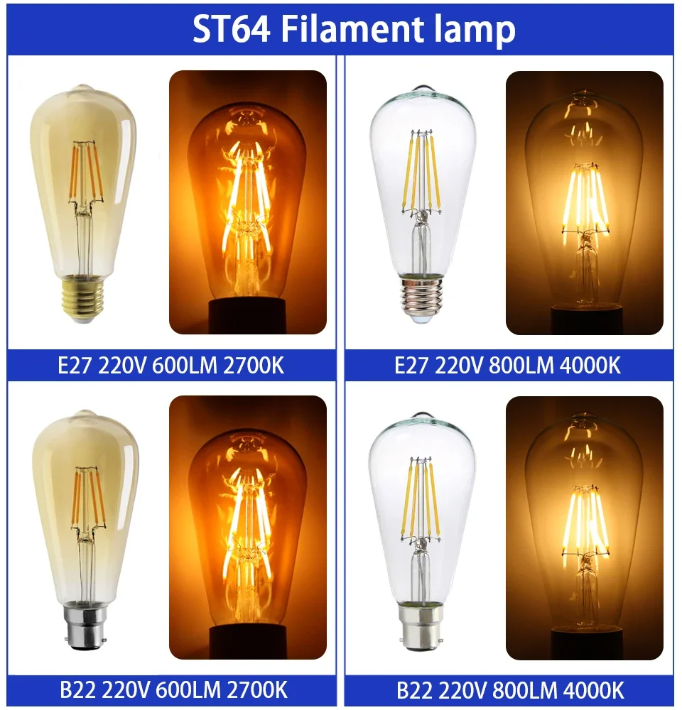 에디슨 빈티지 필라멘트 램프 AC220-240V, 바 및 커피숍에 적합, 4W, 8W, ST64, G80, G95, 2700K, 4000K, 2PCs/로트