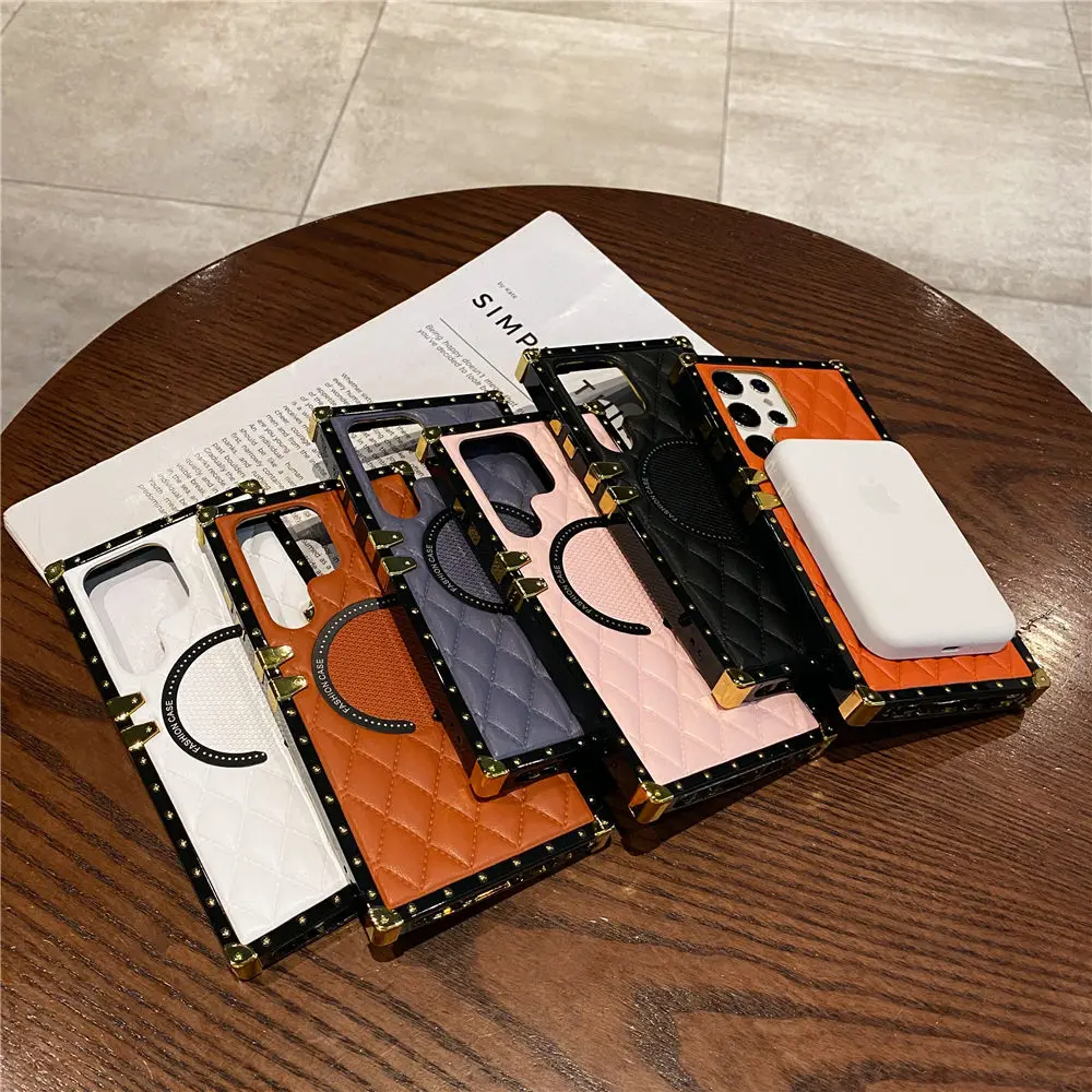 Wireless Charging Case For Samsung Galaxy S23 S22 S21 Note 20 Ultra A12 A13 A14 A54 A33 A53 A72 A52 3D Rhombic PU_voghion.com