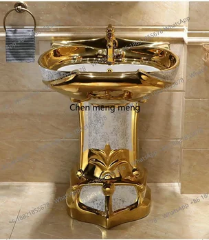 อ่างล้างหน้าเซรามิกดีไซน์หรูหราทันสมัยสีทอง พร้อมขาตั้ง สำหรับตกแต่งบ้าน รุ่นใหม่ล่าสุด 1