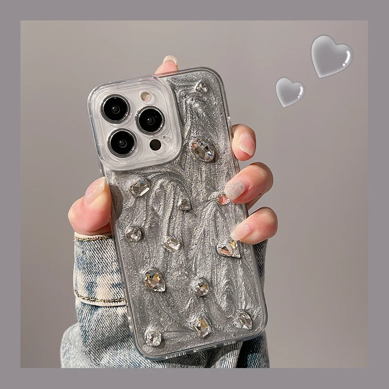 thumbnail image 1 of Retro Ins Shining Love Heart Phone Case For iPhone 15 14 13 12 11 Pro Max Ultra-thin Glitter 3D Epoxy Silver Soft Back Cover, 1 of 4