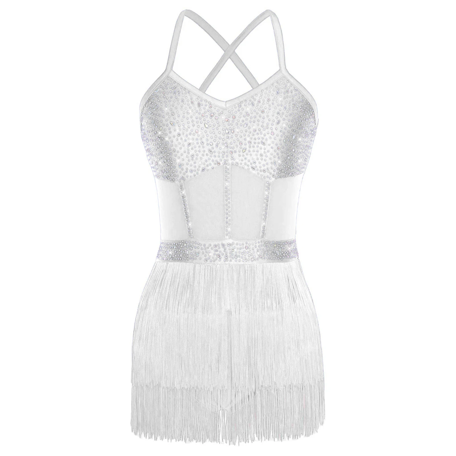 Damen Glänzendes Strass-Latein-Tango-Tanzkleid, Performance-Kostüm, Transparenter Mesh-Body mit Stufen und Quasten sowie lange Handschuhe – Detail 7
