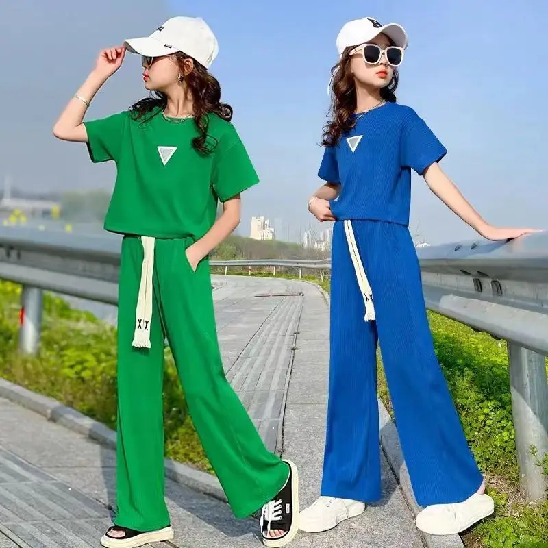 

Girls Suit Summer Baby T-shirt + Wide Leg Straight Pants 2pcs Girl Short-sleeved Outfits Children Clothing Sets5-14Years