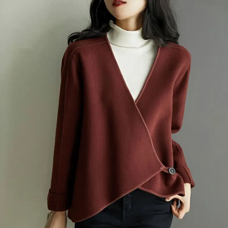 

Women's Solid Color Asymmetrical Woolen Coat 2023 Autumn and Winter New Loose Long Sleeved V-neck Cardigan Button Casual Tops