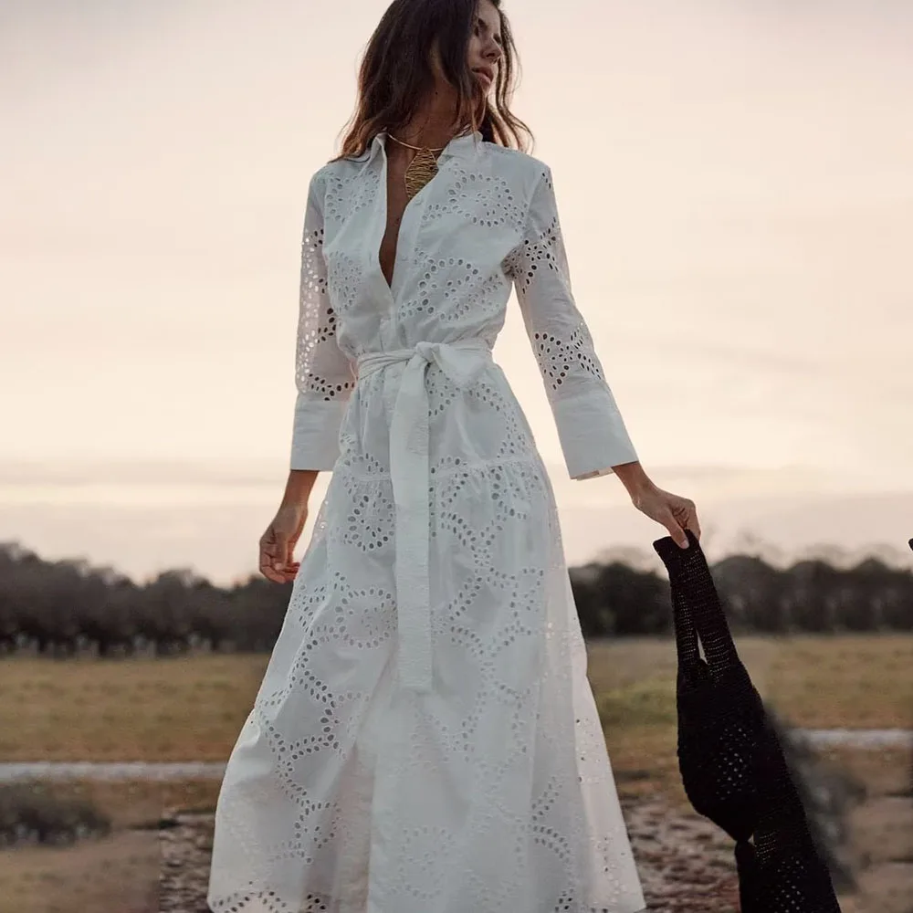 

Элегантные Хлопковые женские летние модные элегантные платья-рубашки на шнуровке с высокой талией 2023