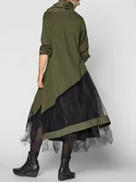 Plus Size Women's Dress Cowl Neck Patchwork Mesh Tiered Long Sleeve Maxi Dress A-Line Aysmmetric Hem Dress-Only Black Part - Image 5