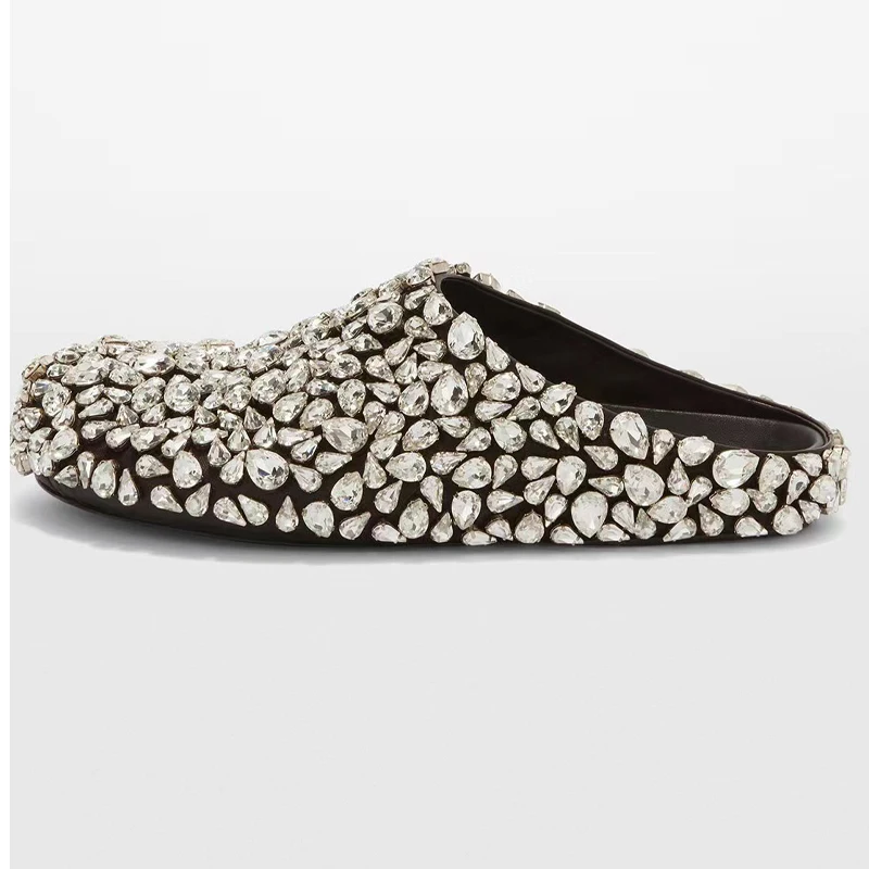 Round Toe Flat Shoes Rhinestone Half Head Female Slippers Catwalk Showcomfort Wedding Genuine Leather Summer Party Women Shoes