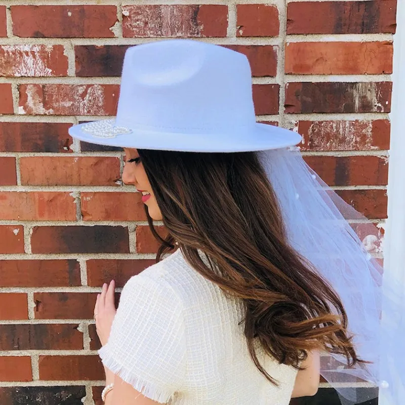 Bride White Cowboy Veil Hat Pearl Rhinestone Wedding Cowgirl Hat Bach Bachelorette Hen Party Bridal Shower Decoration Gift 4