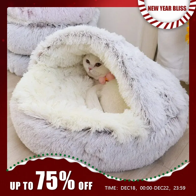 Cama de felpa suave con funda para mascotas, colchón redondo para gatos y perros, cueva cálida para dormir 2 en 1 para perros pequeños