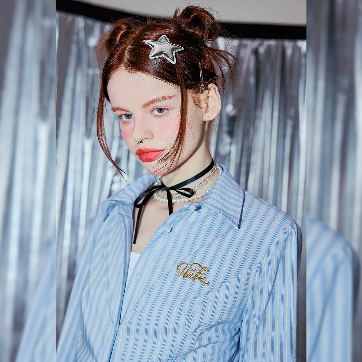 UNIFREE Slim Stripes Woman Blouse Letter Embroidery Fashion Streetwear Casual Versatile Retro Shirts & Blouses Hotsweet Shirts