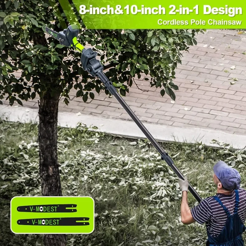 2-IN-1 Cordless Pole Saw 8" & 10" Electric Pole Chainsaw Powered by 21V 4.0Ah battery Automatic Oiler 4LB 15FT Max Extension Saw