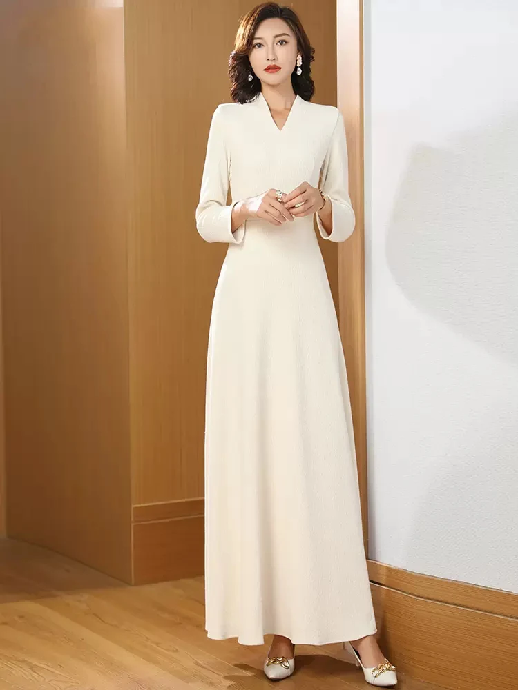 green emerald velvet dress Pleated Collar Heavy Luxury Embroidered Goddess Banquet Party Elegant Beige Dress- Mola S / Champagne