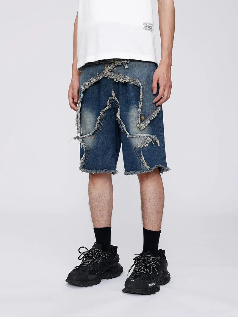 Aelfric Eden Vintage Starry Fringe Hem Denim Shorts Y2K Men Hip Hop Streetwear Shorts 2023 Harajuku Casual Summer Sweatpants