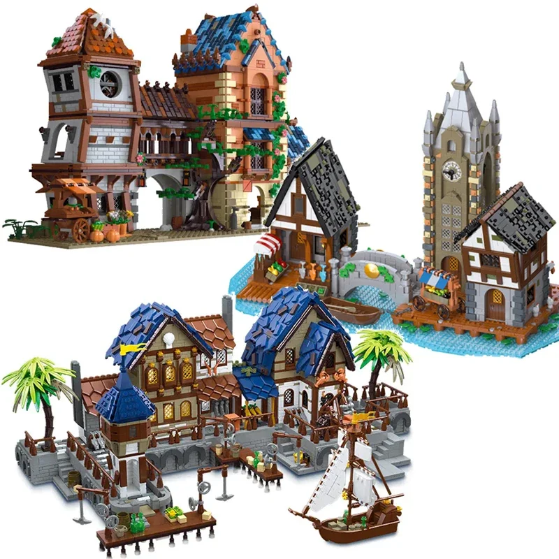 

Уличная серия просмотра средневековый городской рынок таверна гавань строительные блоки кирпичи модульная архитектурная модель игрушки для детей MOC